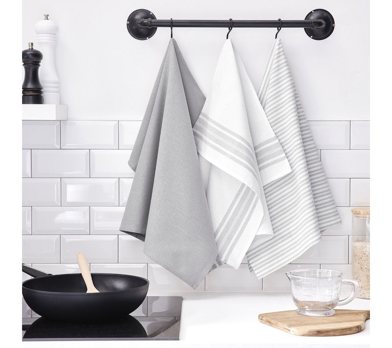 Lot De 3 Torchons Imprimé Rayures Essential Gris