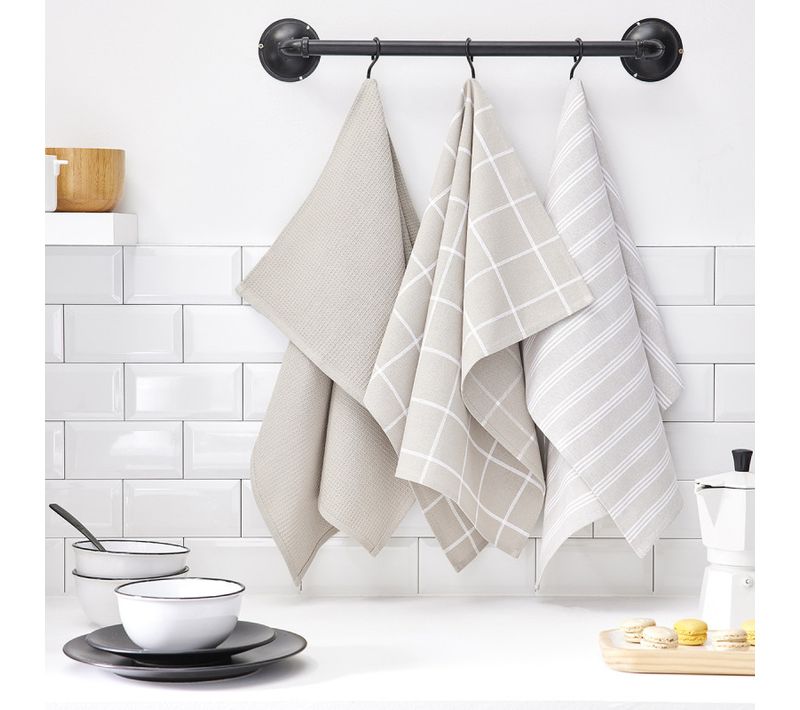 Lot De 3 Torchons Imprimé à Carreaux Essential Nid D'abeille Beige