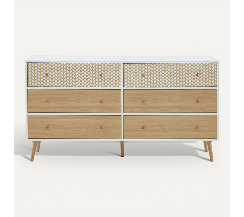 Commode Capucine Blanc Et Effet Chêne 6 Tiroirs 150cm
