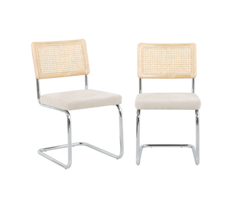 Lot De 2 Chaises Ella Cannage Et Tissu écru Pieds Métal Chromé