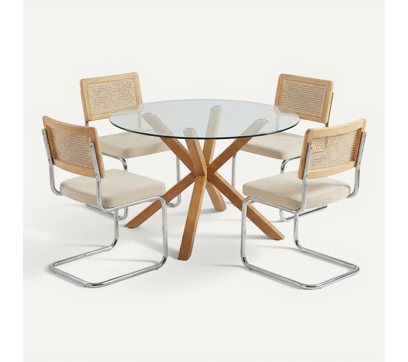 Ensemble Repas Table Harry + 4 Chaises Ella Velours Côtelé Beige