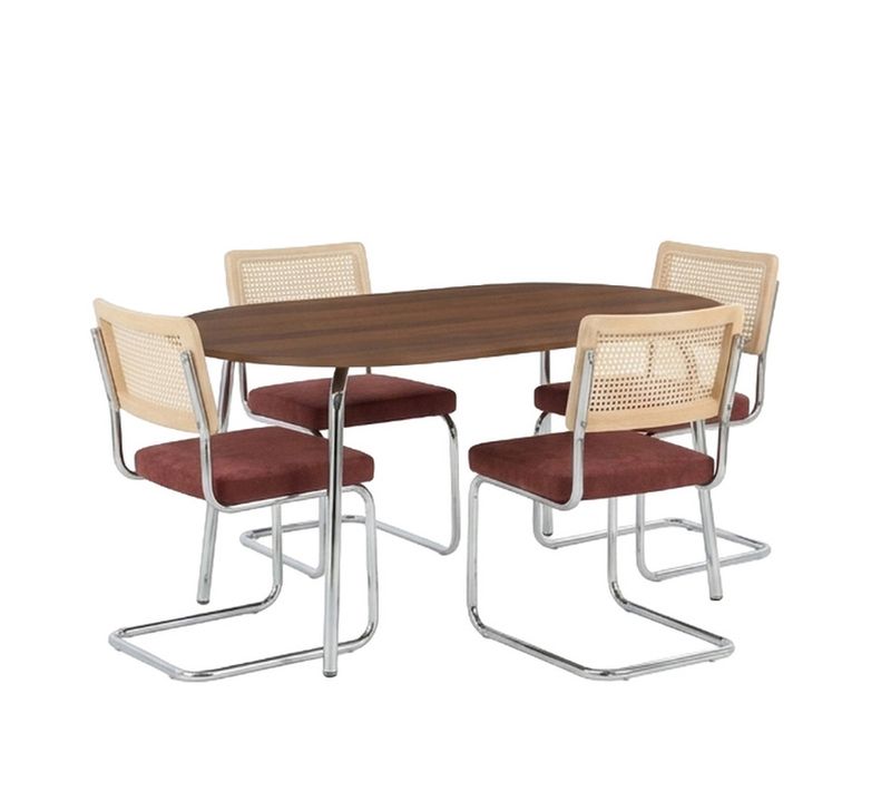 Ensemble Table Vassi Effet Noyer Et 4 Chaises Ella Tissu Bordeaux