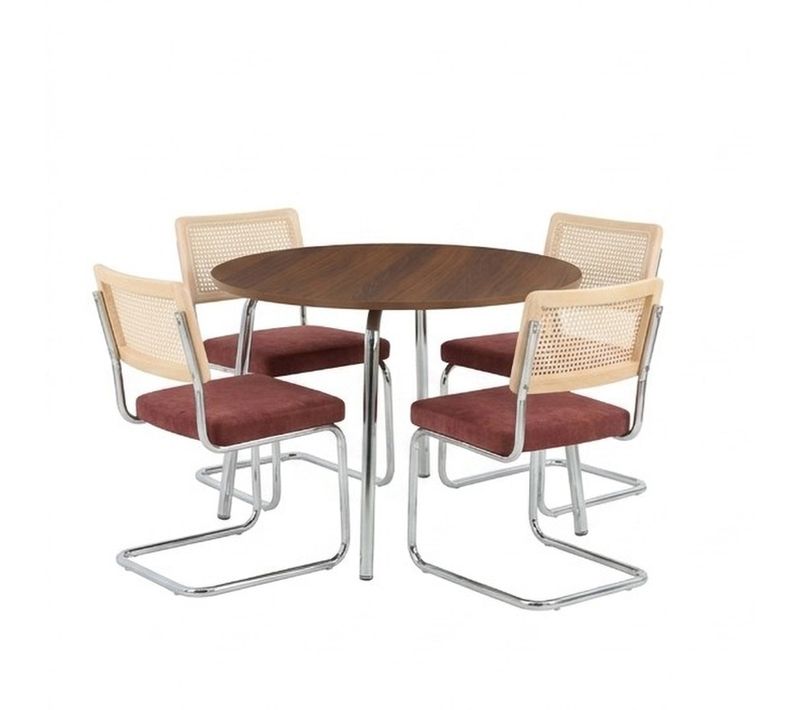 Ensemble Table Vassi Effet Noyer Et 4 Chaises Ella Tissu Bordeaux