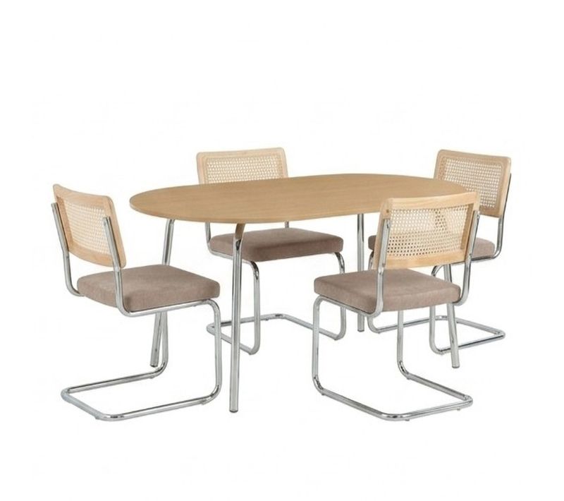 Ensemble Repas Table Vassi Effet Chêne Et 4 Chaises Ella Tissu Marron