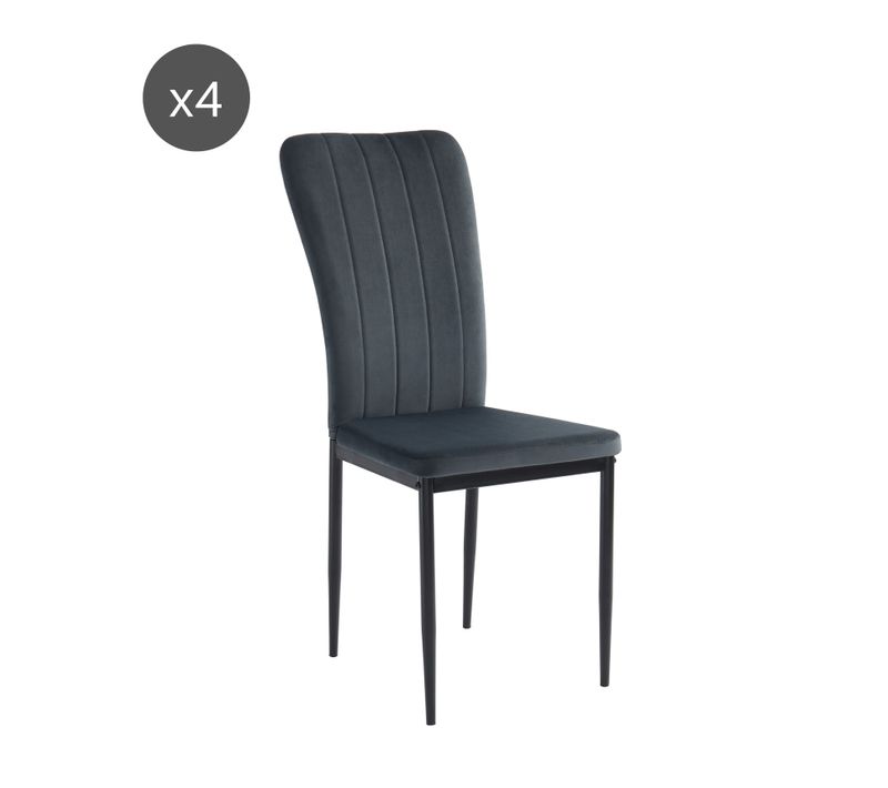 Lot De 4 Chaises Poppy Velours Gris Anthracite Pieds Métal Noir