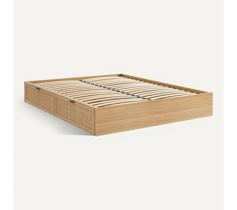 Cadre De Lit à Tiroirs Amana Cannage Rotin 140x190 Sommier Inclus