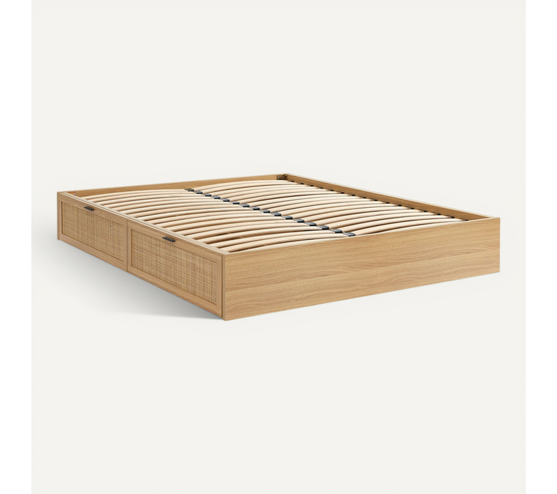 Cadre De Lit à Tiroirs Amana Cannage Rotin 160x200 Sommier Inclus