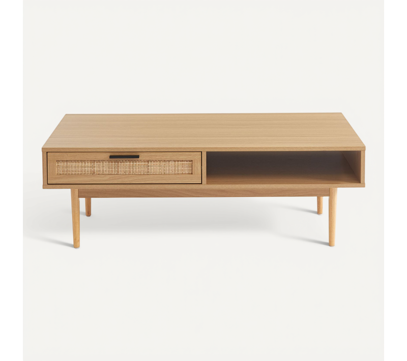 Table Basse Amana Effet Chêne Et Cannage Rotin 115cm