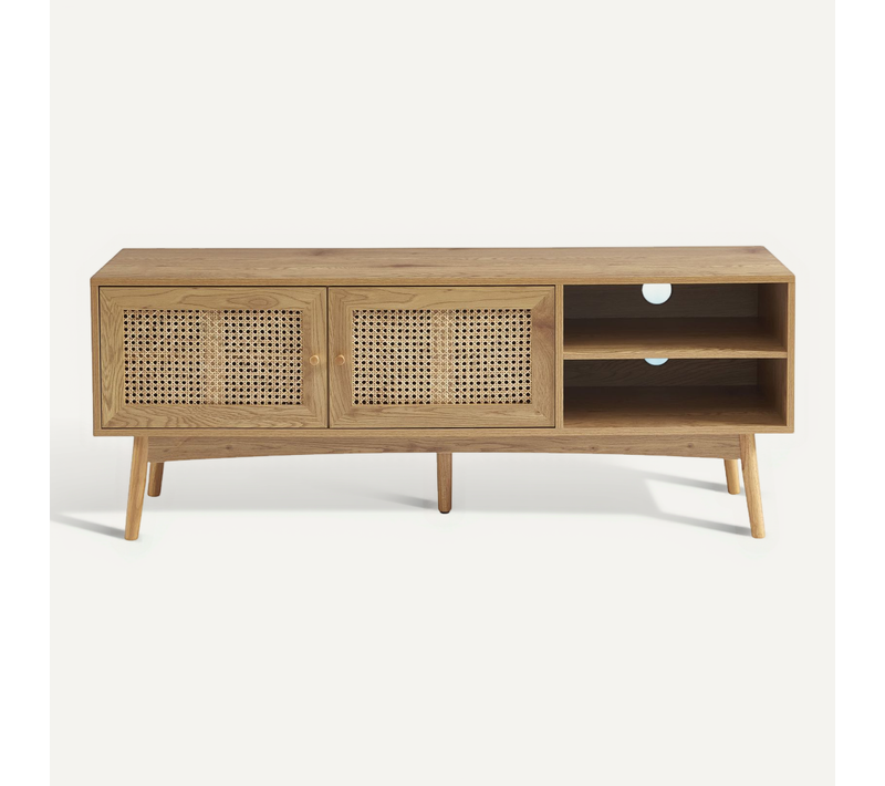 Meuble TV Ines Effet Chêne Et Cannage Rotin 140cm