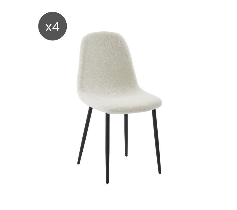 Lot De 4 Chaises Lena Tissu Bouclette Écru Pieds Métal Noir