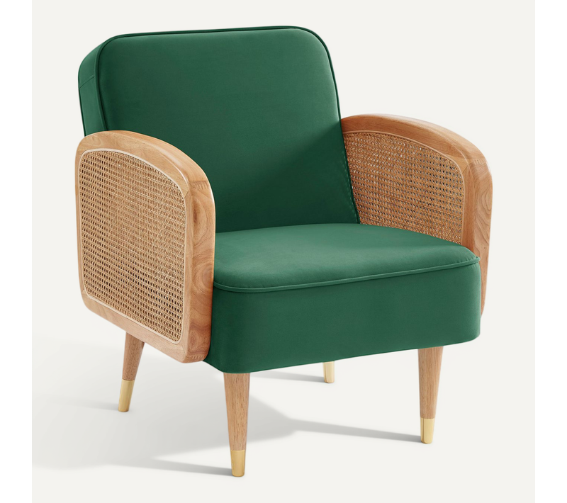 Fauteuil Sila Cannage Et Velours Vert Avec Piètement Bois