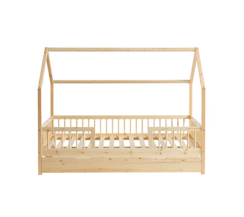 Lit Cabane Avec Barrières Tiny Pin Massif 90x190 Sommier + Tiroir Inclus