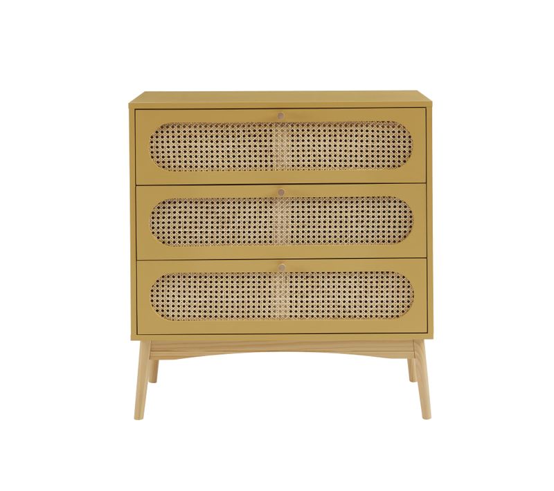 Commode Sixtine Jaune Safran Et Cannage Rotin 3 Tiroirs