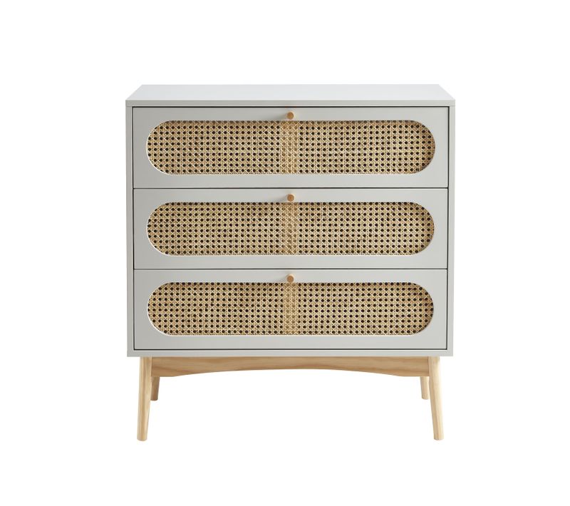 Commode Sixtine Gris Perle Et Cannage Rotin 3 Tiroirs