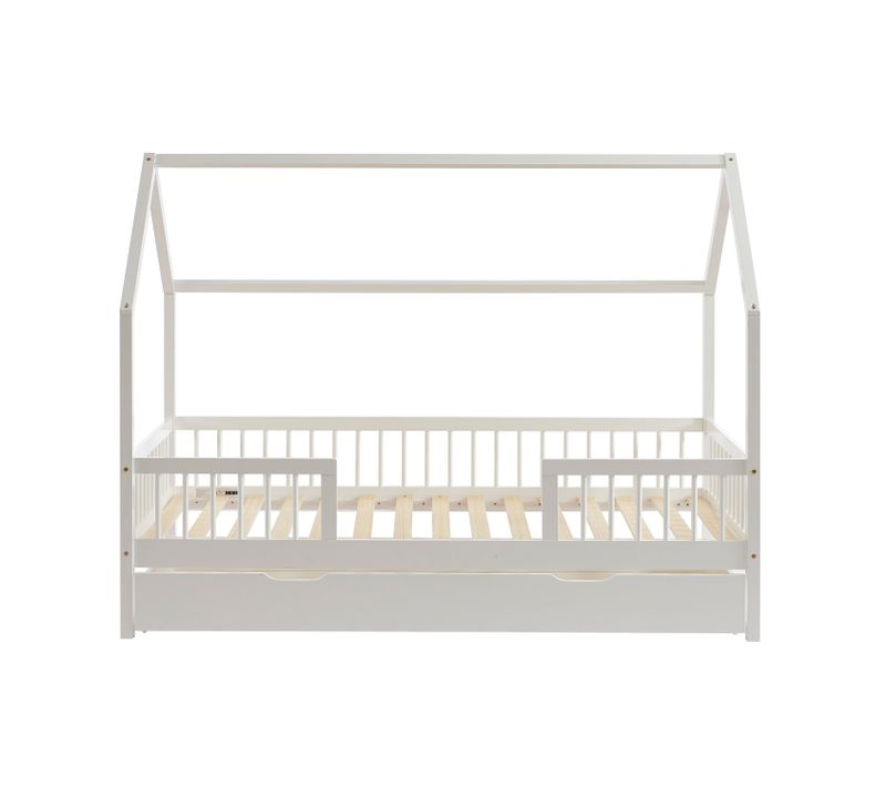 Lit Cabane Avec Barrières Tiny Pin Massif Blanc 90x190 Tiroir Inclus
