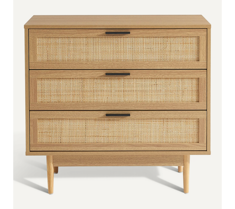 Commode Amana Effet Chêne Et Cannage Rotin 3 Tiroirs 80cm