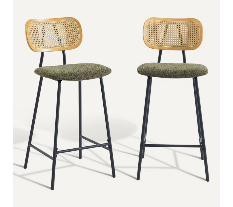 Lot De 2 Tabourets Tina Tissu Bouclette Vert Et Cannage Rotin