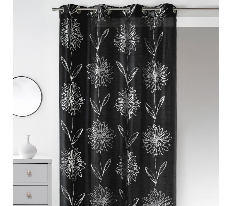 Rideau Noir Fleurs Argentées - 140x260 Cm - Noir