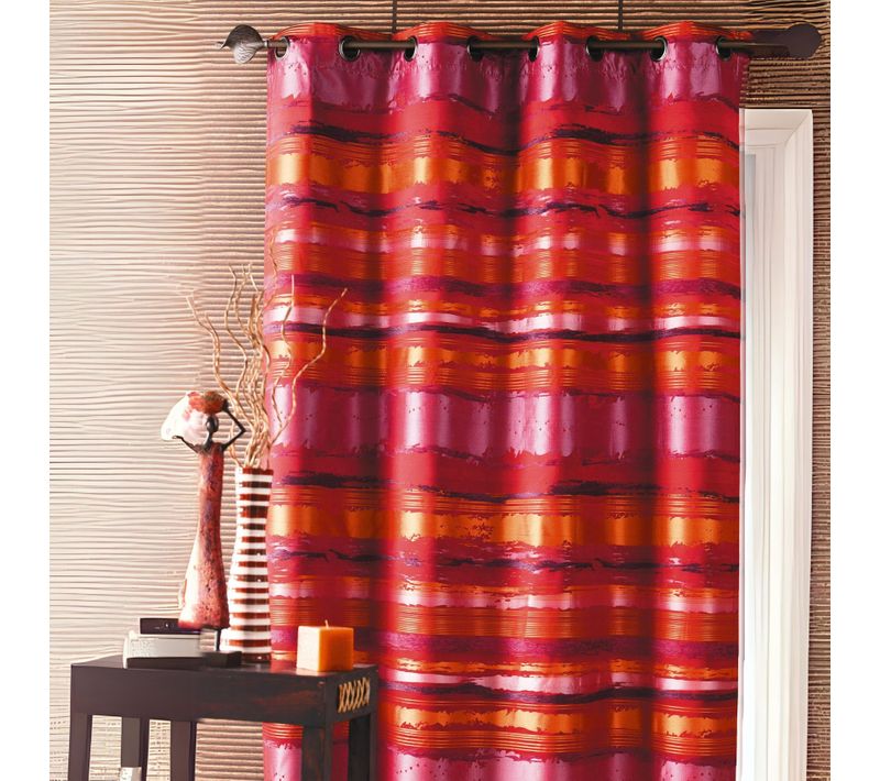 Double Rideau Ameublement Jacquard Rayés - 140x260 Cm - Rouge Orangé