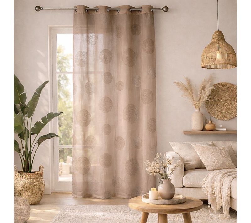 Voilage Motif Rond Impression Magnétique - 140x240 Cm - Taupe