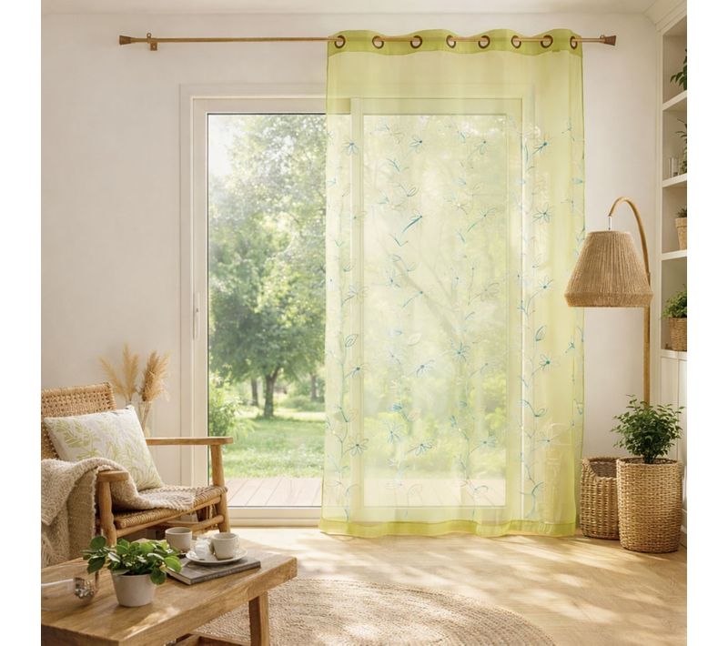 Voilage Organza Brodé Fil Satiné - 140x240 Cm - Vert Clair
