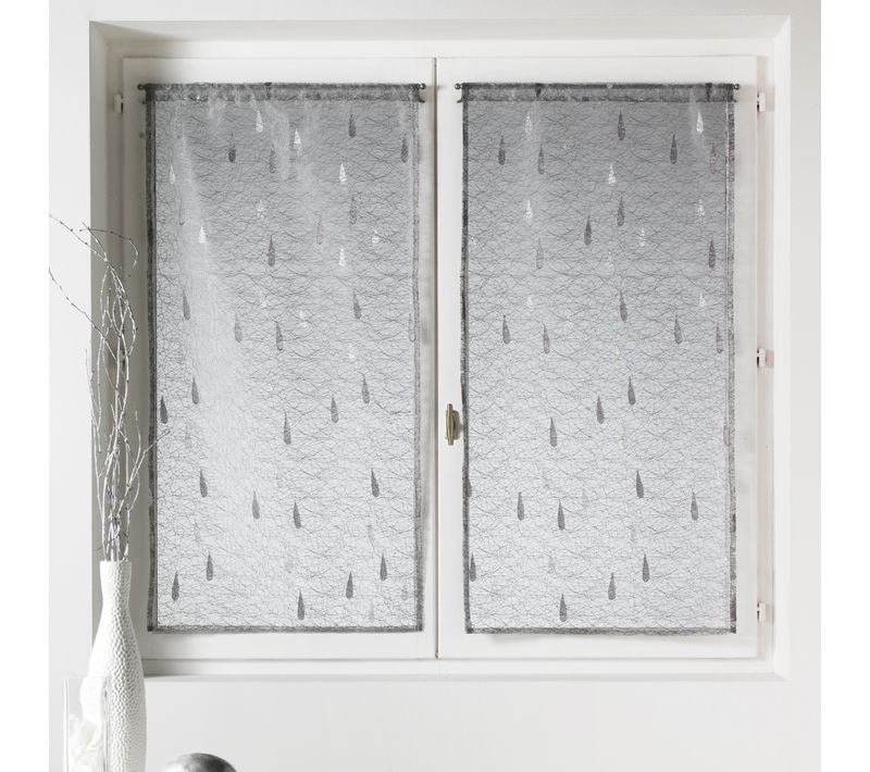 Paire De Petits Voilages Organza Et Jacquard à Motifs Gouttes - 45x120 Cm - Gris Clair