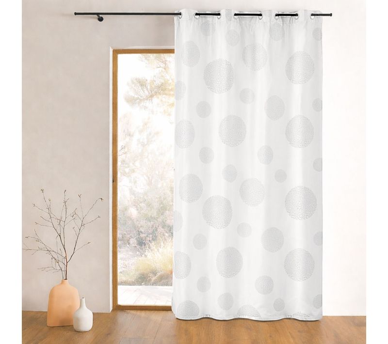 Rideau Taffetas Motif De Ronds Argentés - 140x260 Cm - Blanc