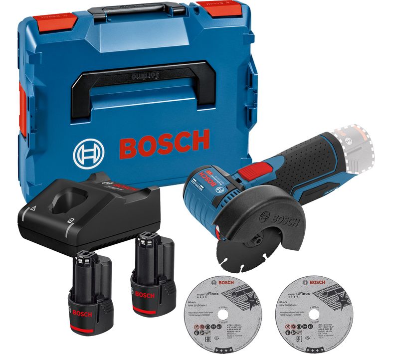 Meuleuse Angulaire 12v Gws 12v-76 + 2 Batteries 3ah + Chargeur + Coffret L-boxx – Bosch - 06019f200y