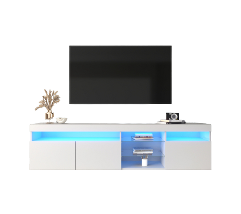 Meuble TV Moderne Blanc, Panneau Lumineux, Éclairage LED Variable, Salon Et Salle à Manger 180cm