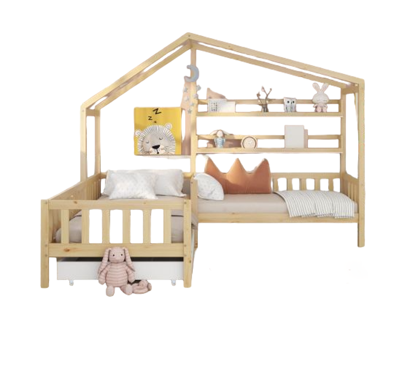 Lit Enfant Cabane Avec Tiroirs Et Étagères En Bois Massif Avec Sommier à Lattes, Structure En L