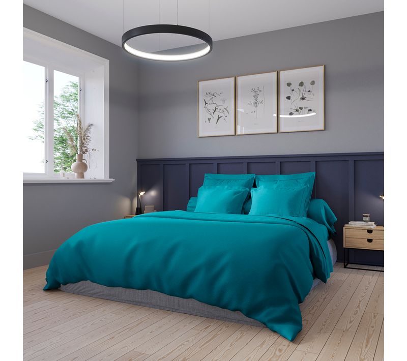 Housse De Couette Partition Satin De Coton Coloris Canard 240 X 260 Cm Bleu