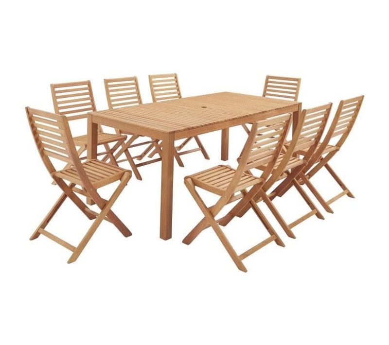 Salon De Jardin En Bois Eucalyptus Fsc 8 Personnes - Table 180 X 90 Cm + 8 Chaises Pliantes