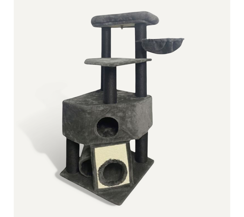 Guily Arbre à Chat Gris Foncé - Gris Foncé - 2 Plateformes, 1 Perchoir, 1 Cabane, 1 Rampe, 1 Tunnel