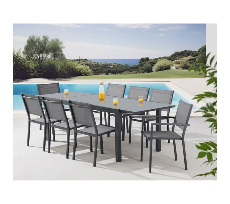 Ensemble Repas Extérieur 6–8 Pers — Table Extensible 120–240 Cm, 8 Sièges Gris
