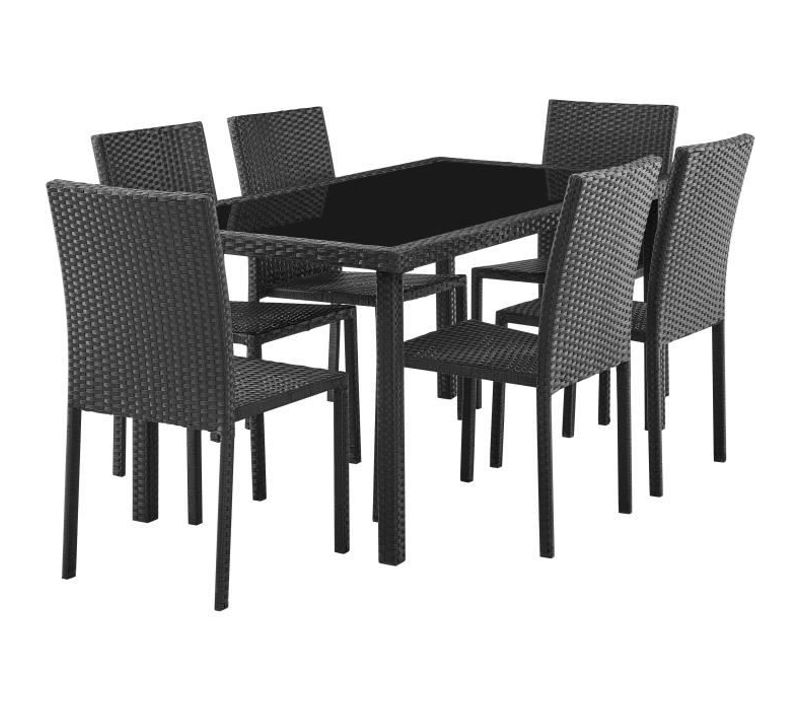 Ensemble Repas De Jardin - Plateau En Verre Trempé Et 6 Chaises En Résine Tressée Noir - 160x80x73cm