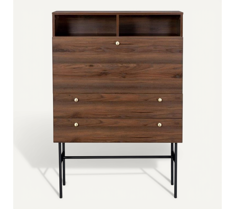 Secrétaire 1 Porte Battante 2 Tiroirs - Bois Et Métal - L 90 X P 35 X H 110 - Lodge