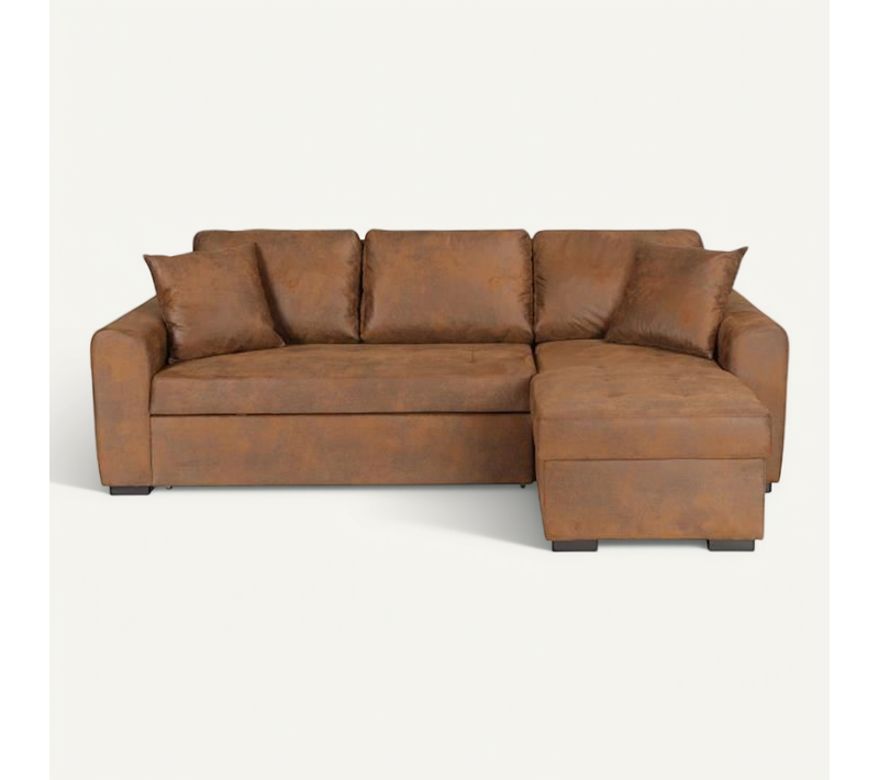 Canapé D'angle Convertible Réversible 4 Places - Tissu Marron Vintage - L 244xp 151xh 90