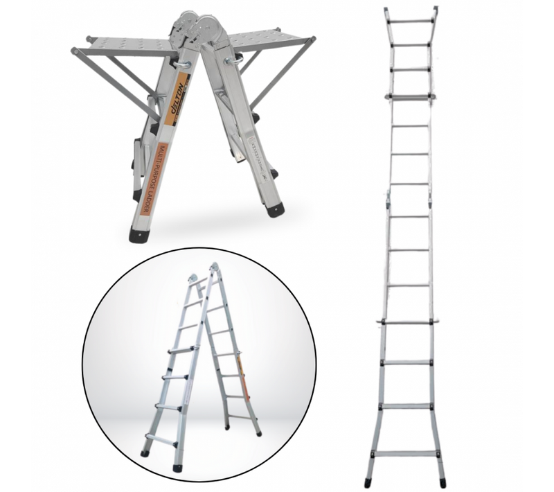 Échelle Articulée Pliante Et Télescopique En Aluminium 4x3 Marches 2,81m + 2 Tablettes