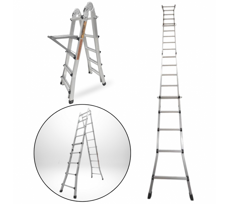 Échelle Articulée Pliante Et Télescopique En Aluminium 4x5 Marches 4,96m + 1 Tablette