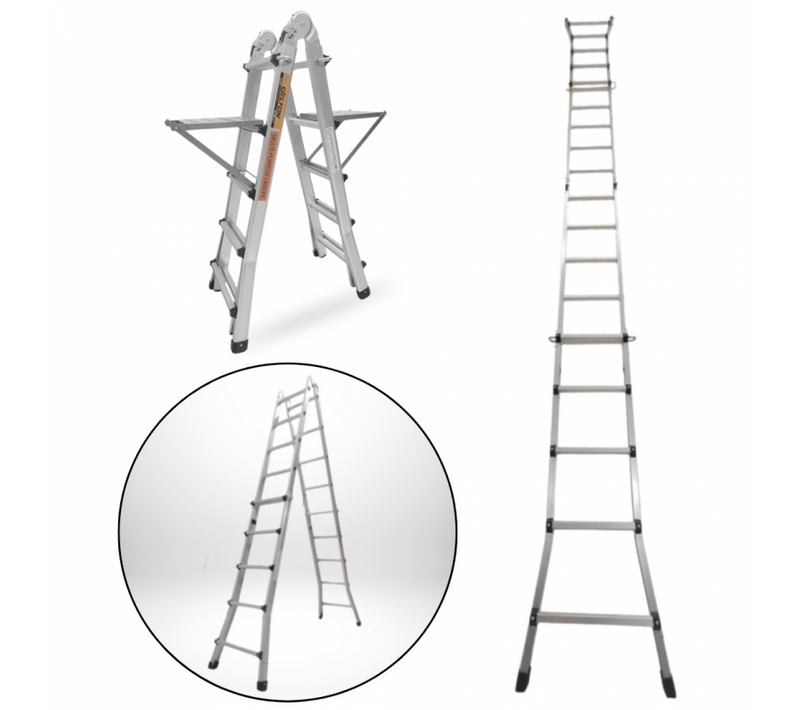 Échelle Articulée Pliante Et Télescopique En Aluminium 4x5 Marches 4,96m + 2 Tablettes