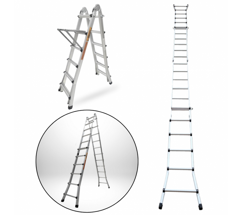 Échelle Articulée Pliante Et Télescopique En Aluminium 4x6 Marches 6,04m + 1 Tablette