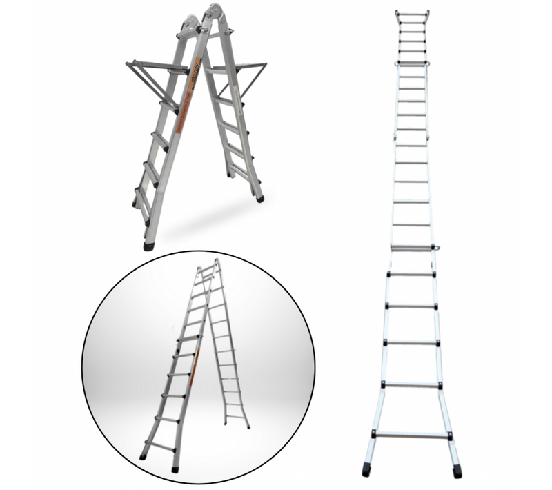 Échelle Articulée Et Télescopique Pliante En Aluminium 4x6 Marches 6,04m + 2 Tablettes