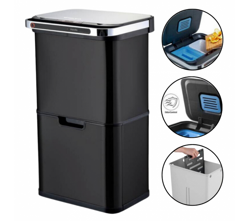 Poubelle Cuisine Automatique De Tri à 4 Compartiments - 60l - Noir Mat - Piles Ou Batterie