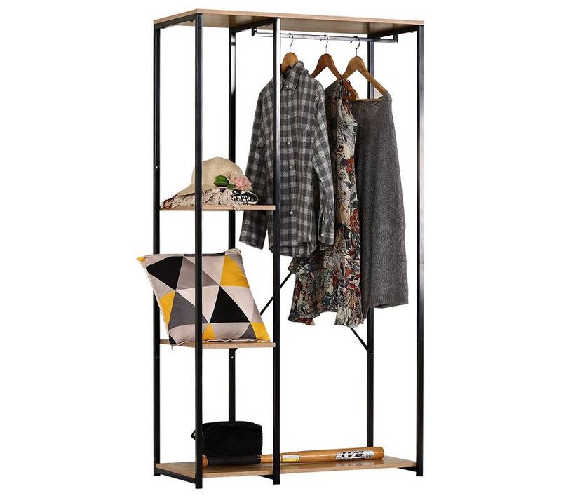 Dressing Ouvert, Avec Étagères Et Tringle Pour Cintres, En Bois Clair Et Métal Noir