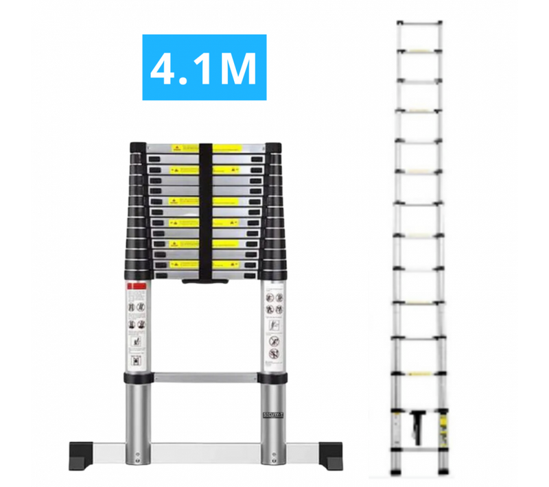 Echelle Télescopique Aluminium 14 Marches H 4,1m Avec Barre Stabilisatrice