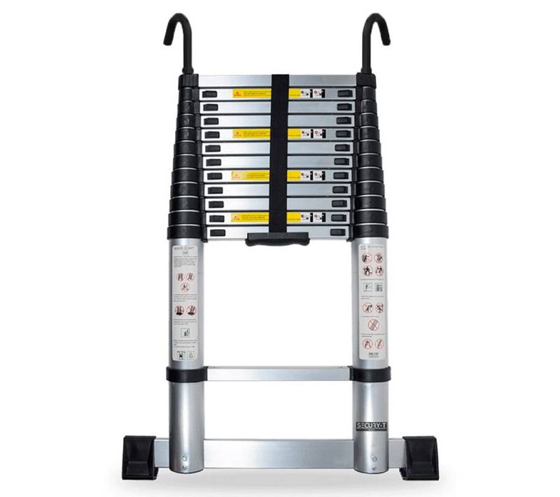 Echelle Télescopique Aluminium 13 Marches H 3,8m Avec Crochets Démontables Et Barre Stabilisatrice
