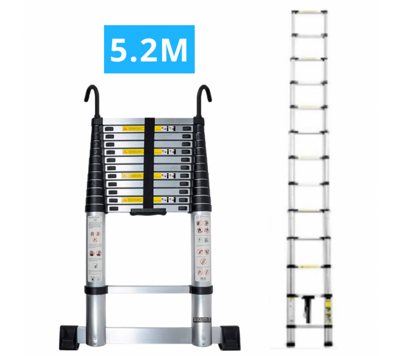 Echelle Télescopique Aluminium 13 Marches H 5,2m Avec Crochets Démontables Et Barre Stabilisatrice