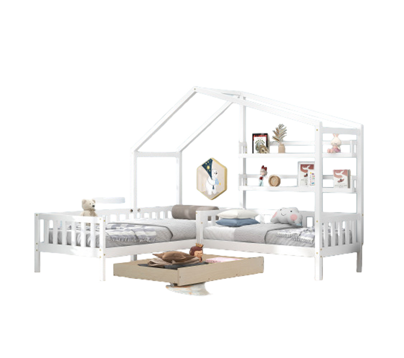 Lit Enfant Cabane Avec Tiroirs Et Étagères, Bois Massif Avec Sommier à Lattes, Structure En L