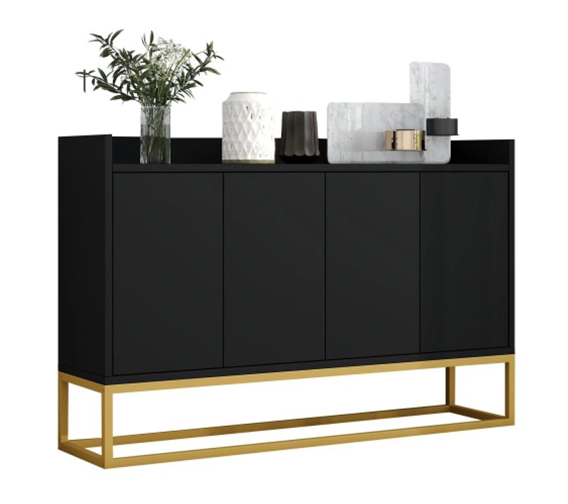 Buffet Style Minimaliste Moderne Noir, 4 Portes, Sans Poignée, Pour Salle à Manger, Salon, Cuisine