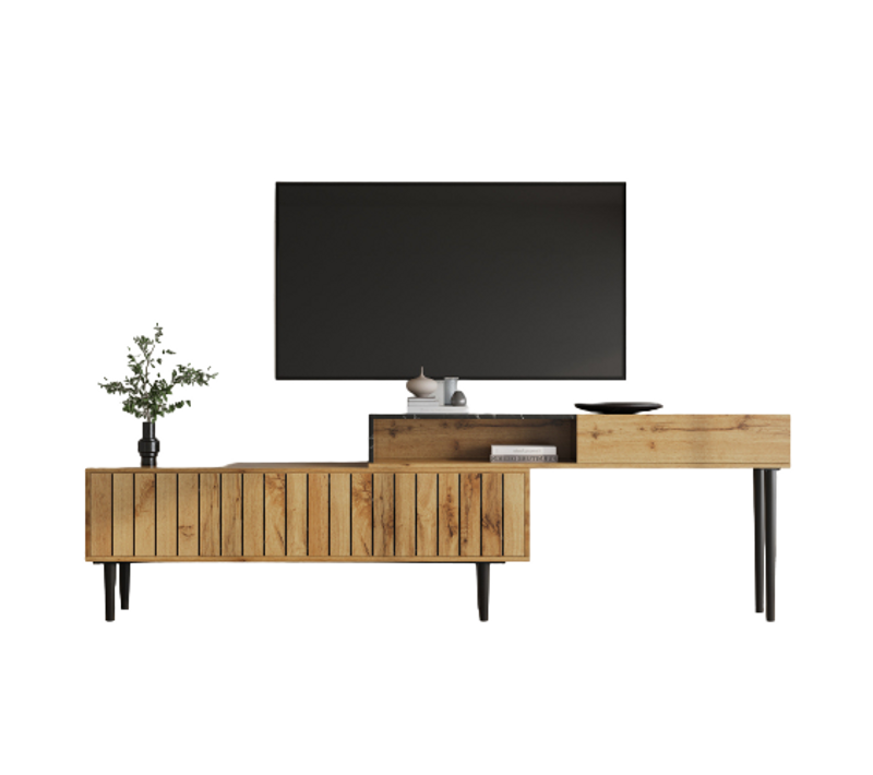 Meuble TV Moderne Avec Motif Marbre Et Grain De Bois, Bord En Pvc, Pieds En Fer, Bois Foncé